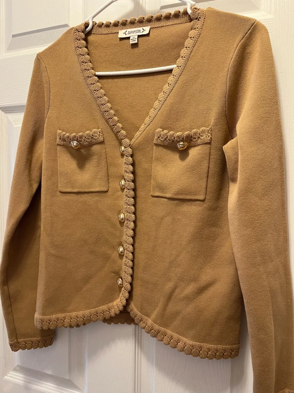 Nanette Lepore Camel Scalloped-Edge Pocket Cardigan size Medium - Picture 2 of 6